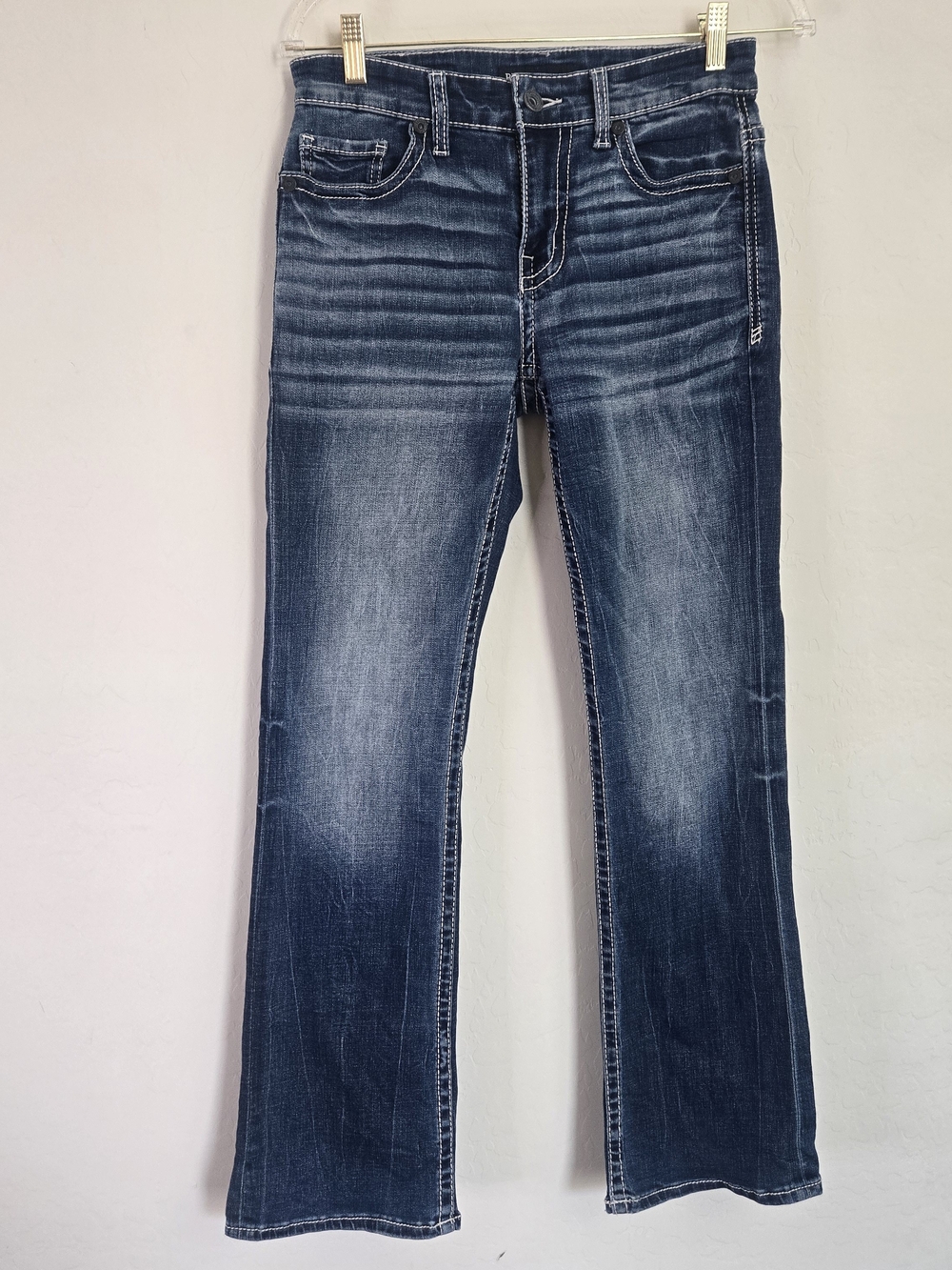 BKE Aiden Men's Jeans Size 28x30 Dark Wash Contrast Thick Stitch Stretch Bootcut
